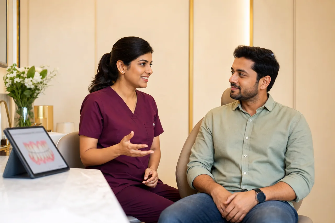 Dentist discussing treatment options with a patient during a calm consultation